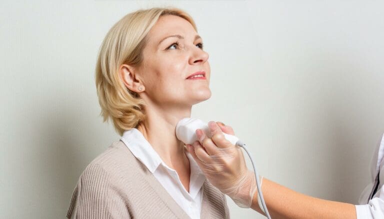 A female patient receives a thyroid ultrasound exam